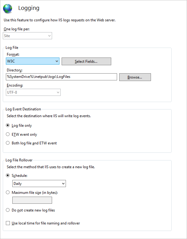 Windows Internet Information Services console Logging dialog box where you can set various log file and log event options